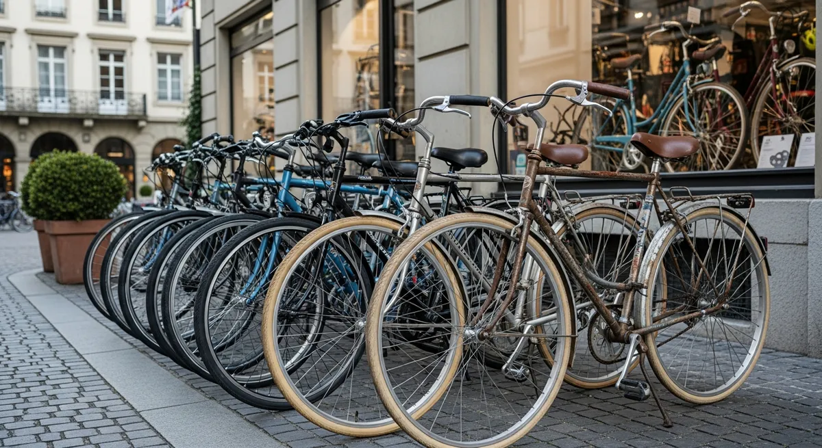 Vélos neufs et d'occasion devant un magasin à Genève
